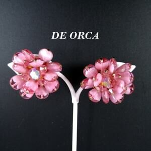 Vintage DE ORCA Pink Glass Floral Clip Earrings – Aurora Borealis 1950s